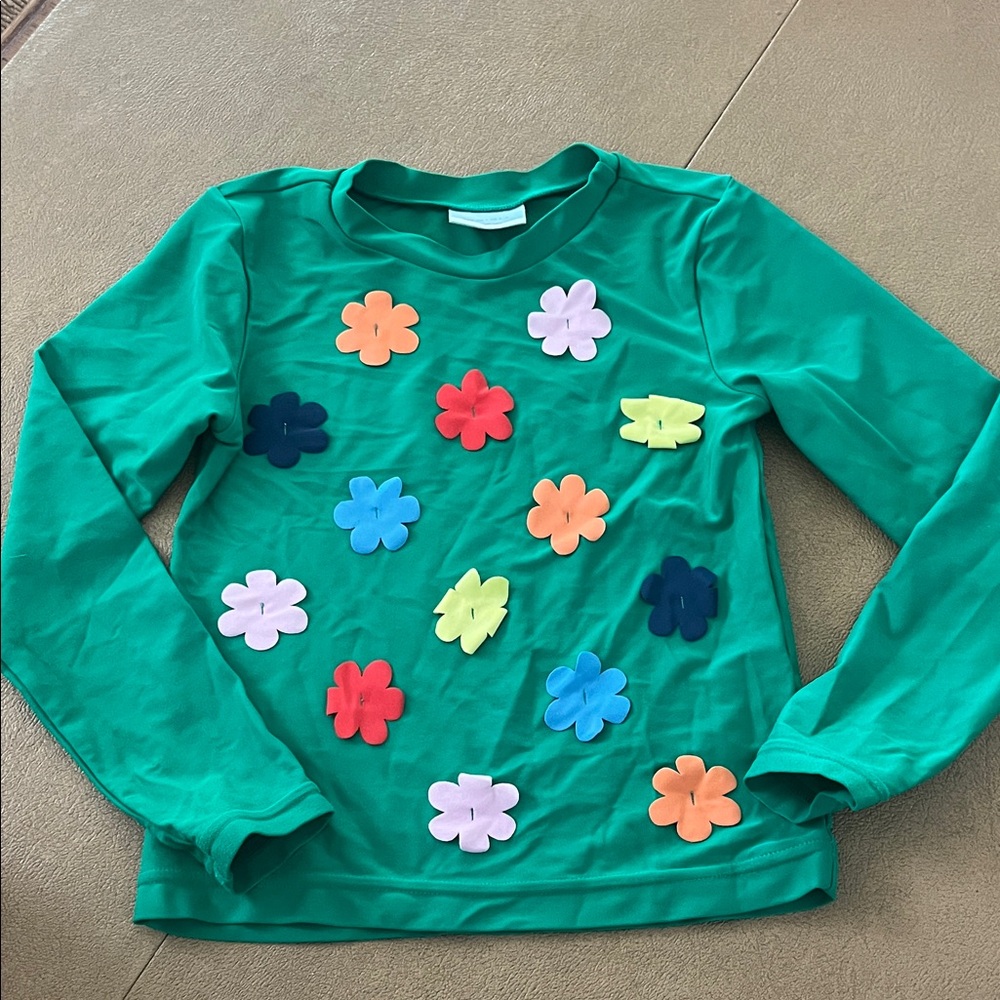 Hanna Andersson Swim shirt Green Floral Kids Long Sleeve Sz 6-7